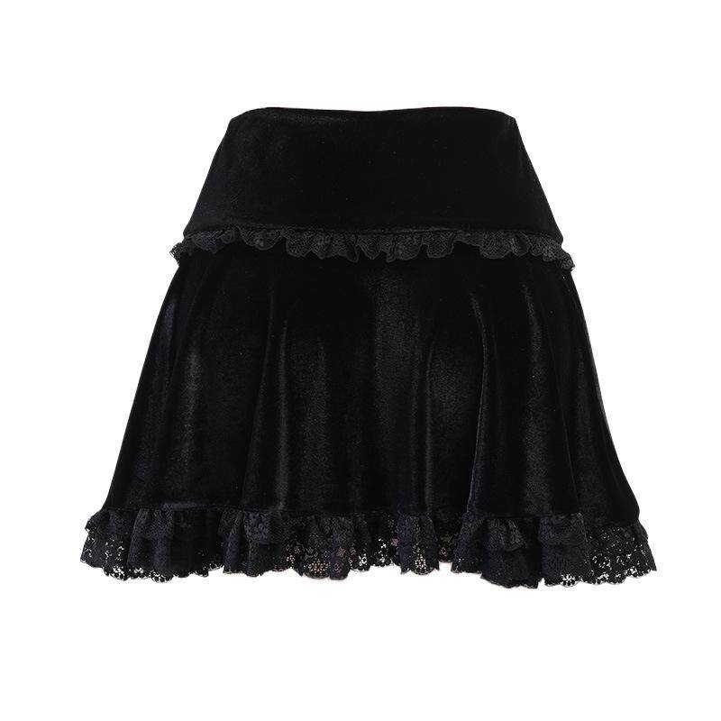 Black embroidered tiered skirt with scalloped waistband and lace-trim hem