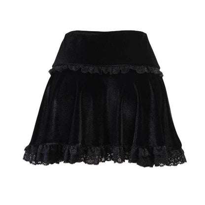 Black embroidered tiered skirt with scalloped waistband and lace-trim hem