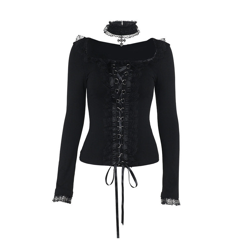 Black long-sleeve gothic top with square neckline, lace trim, and front corset lacing ties
