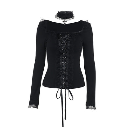 Black long-sleeve gothic top with square neckline, lace trim, and front corset lacing ties