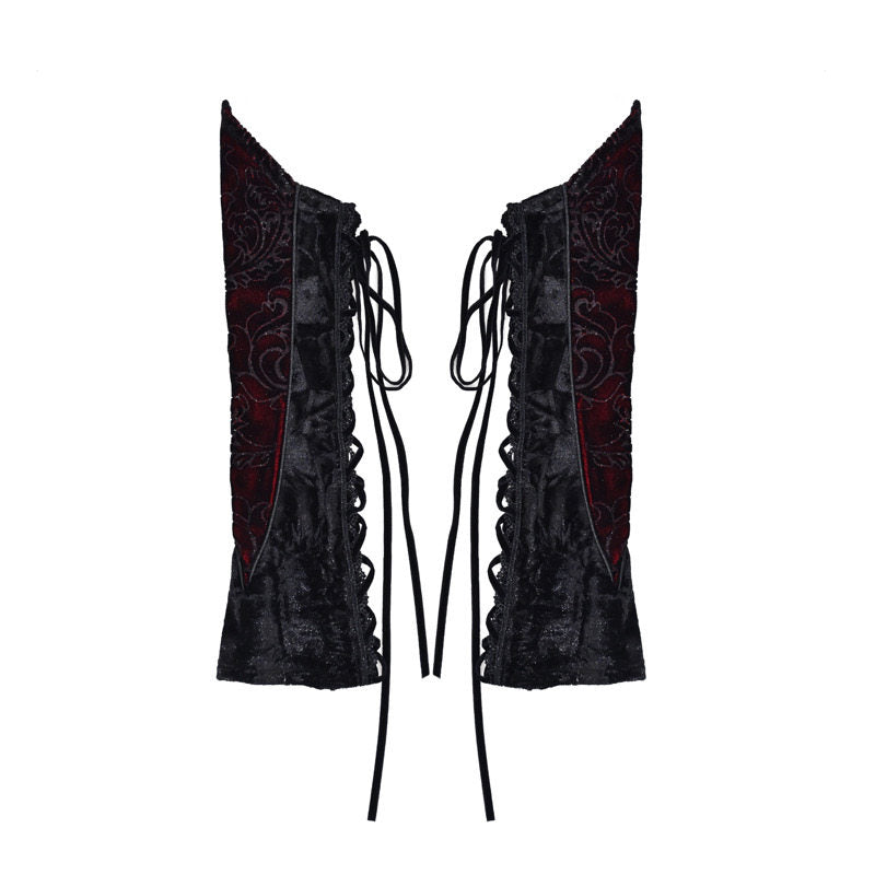 Black lace corset dress back with red embroidered panels and long tie laces.