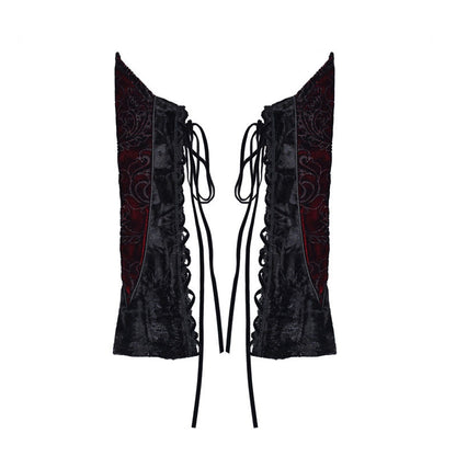 Black lace corset dress back with red embroidered panels and long tie laces.