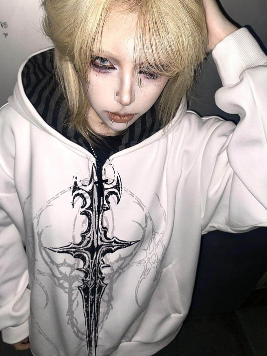 Gothic Print Hooded Loose Jacket