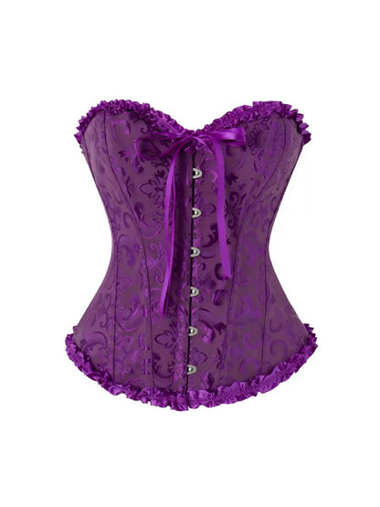 Purple brocade corset with sweetheart neckline, front buttons and ruffled trim with tie.