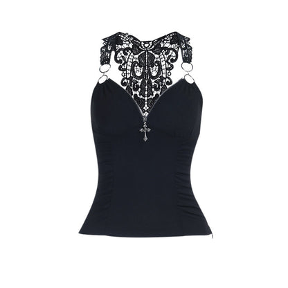 Black lace suspender vest with lace yoke, V center detail, and hanging cross charm
