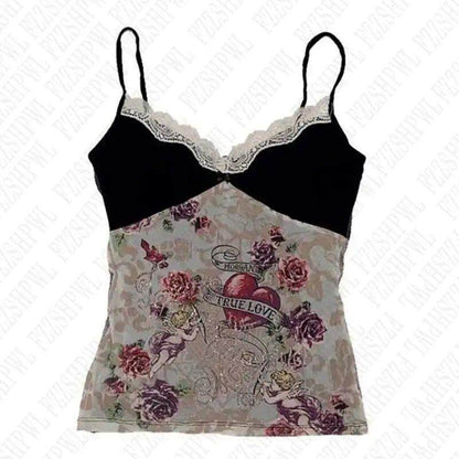 Floral cami tank top with black lace trim and adjustable straps