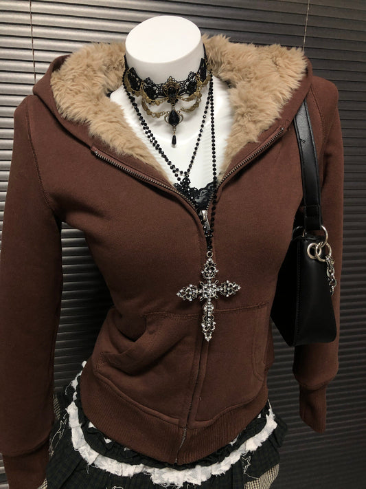 Brown Fleece Hooded Sweatshirt Jacket