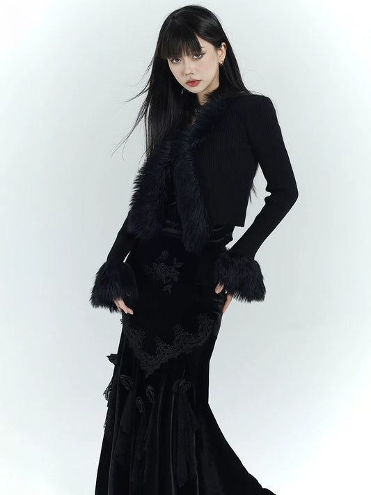 Ghost girl, black sweater, cardigan woman, thick soft waxy wool collar, knitted jacket, cool rich daughter outfit