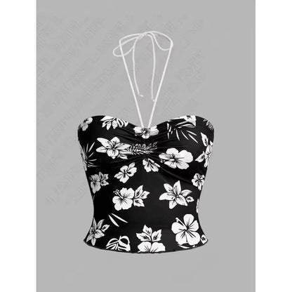 Floral bandeau top, black with white flowers and tie-neck strap