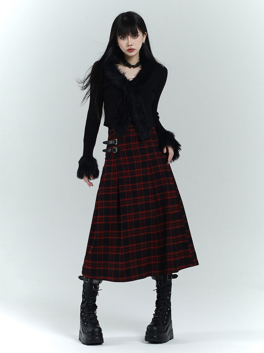 Long A-line plaid skirt in red and black tartan, waistband with side buckle straps
