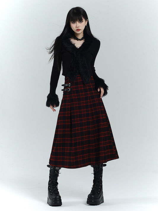 Red & Black Plaid Woolen A-Line Long Skirt