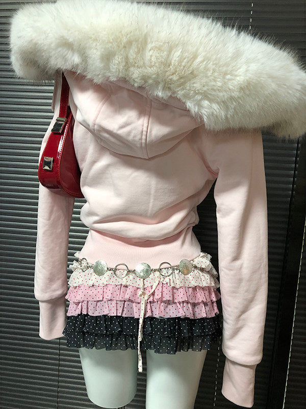 Pink hooded sweatshirt back view with white faux fur hood and long sleeves
