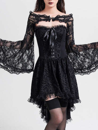 Black off-shoulder lace blouse with satin bow, long lace sleeves, and tiered hem
