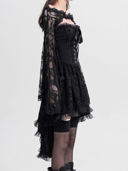 Black lace off-shoulder blouse with bow detail and layered asymmetrical skirt