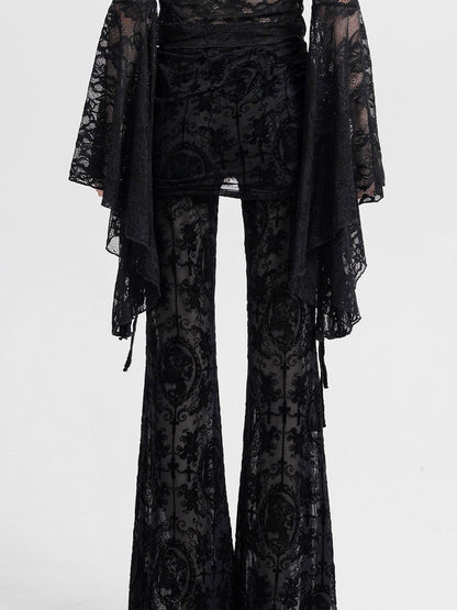 Black mesh flocked culottes with draped wide legs and ornate lace panels
