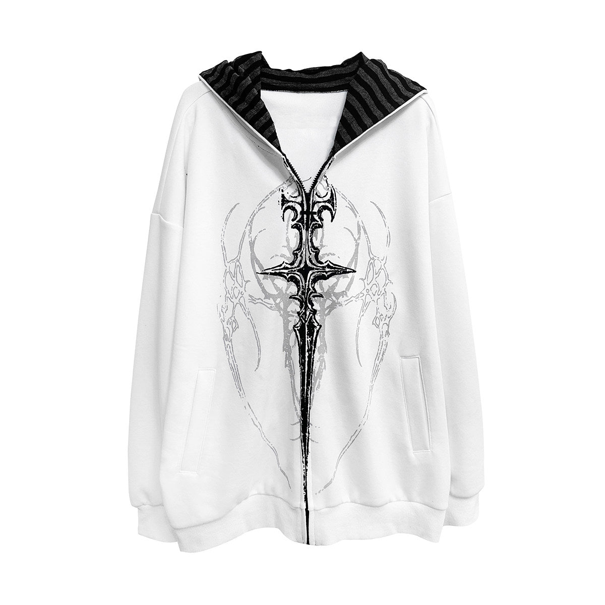 White gothic print hooded loose jacket with black cross graphic and striped hood trim