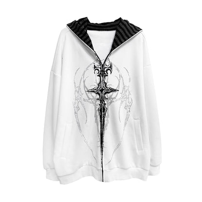 White gothic print hooded loose jacket with black cross graphic and striped hood trim