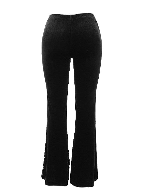 Black bell-bottom pants with lace trim at the flared cuffs