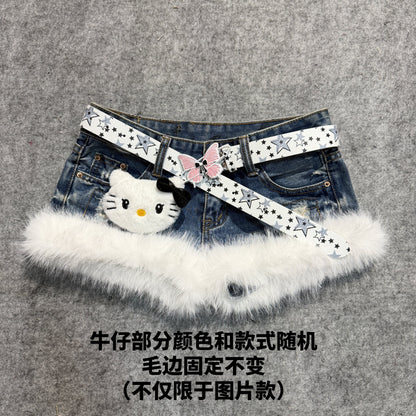 Denim shorts with white faux-fur hem and star-pattern belt with butterfly patch
