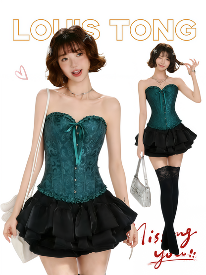 Teal corset with lace-like front panel, button closure and sweetheart neckline