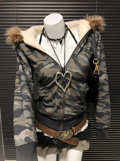 Camouflage plush hooded zip sweatshirt with faux fur trimmed hood and heart zipper pull