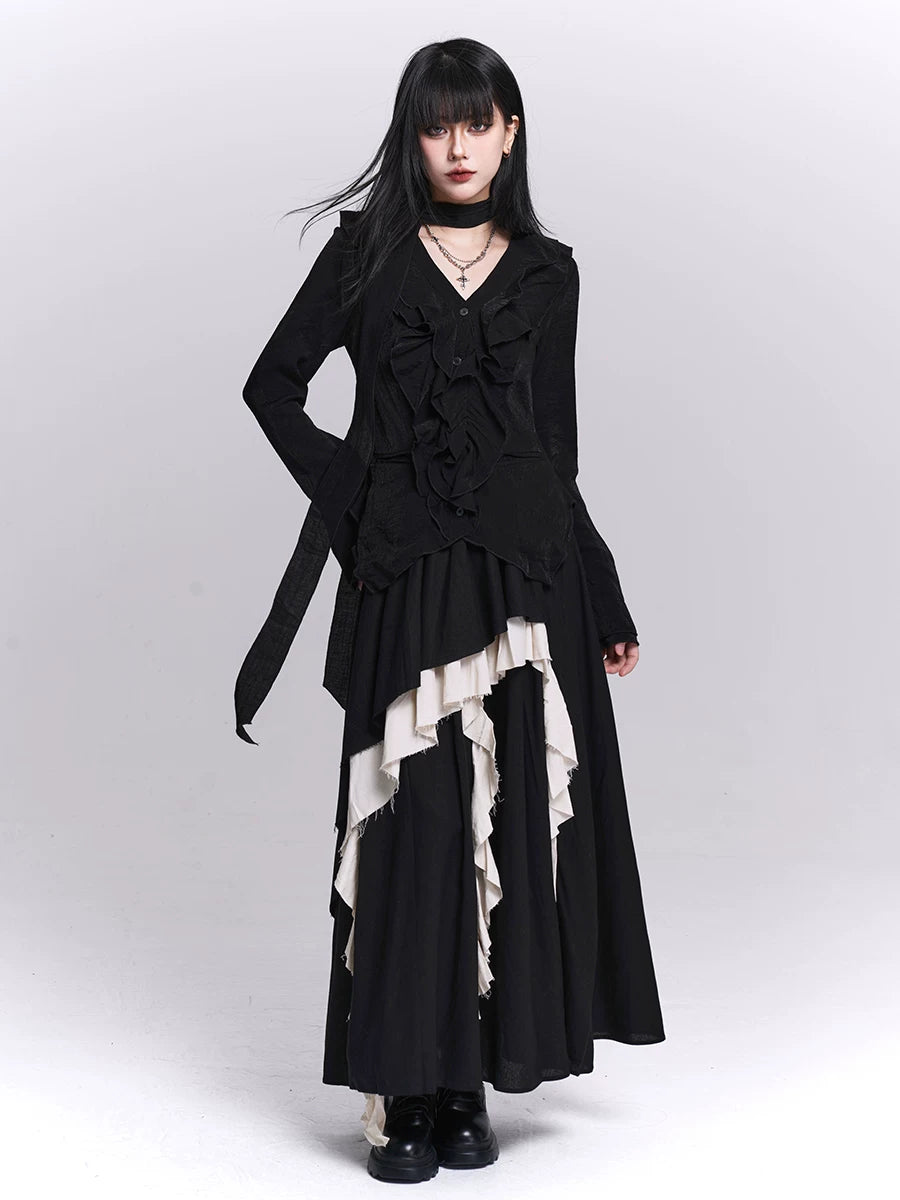 Black maxi skirt with asymmetrical layered ruffles and white contrast under-panels