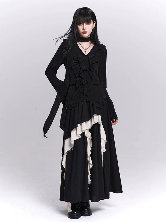 Ghost girl, dark women's black irregular skirt, long design, niche artistic sense of wear