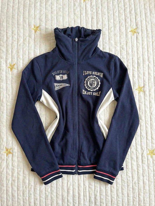 Blue Lettering Stand Collar Jacket