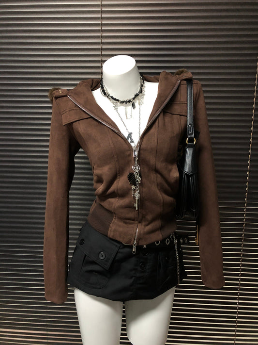 Wool Collar Hooded Short Jacket