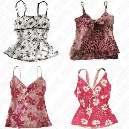 Floral camisole tops set, white with dark print and pink paisley pattern