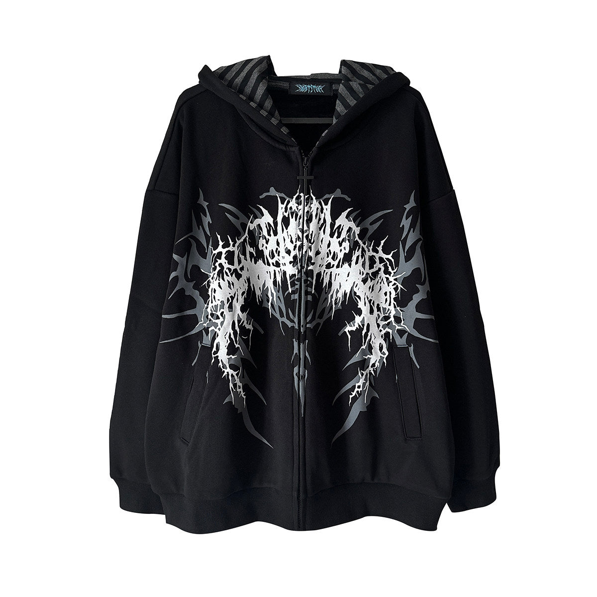 Black hooded loose zip jacket with white gothic seal graphic and striped inner collar