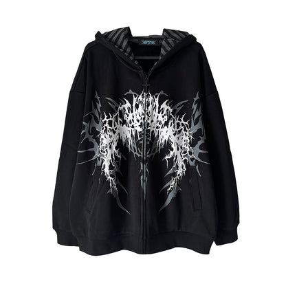 Black hooded loose zip jacket with white gothic seal graphic and striped inner collar