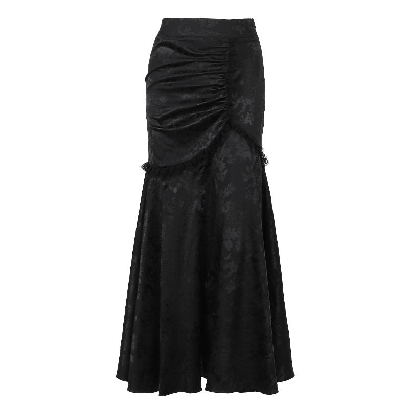 Black jacquard midi skirt with ruched wrap front and flared pleated hem