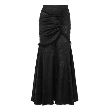 Black jacquard midi skirt with ruched wrap front and flared pleated hem