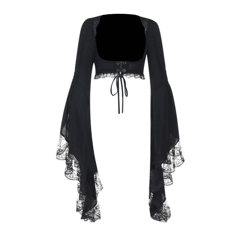 Black cropped lace flare-sleeve coat with scalloped lace edges and ribbon tie hem.