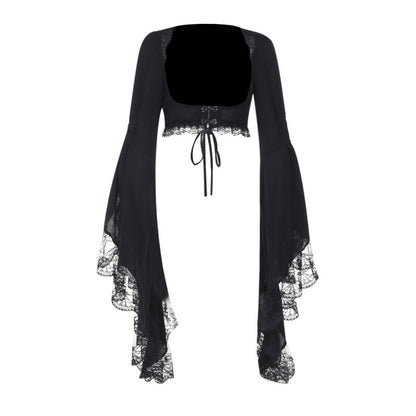 Black cropped lace flare-sleeve coat with scalloped lace edges and ribbon tie hem.