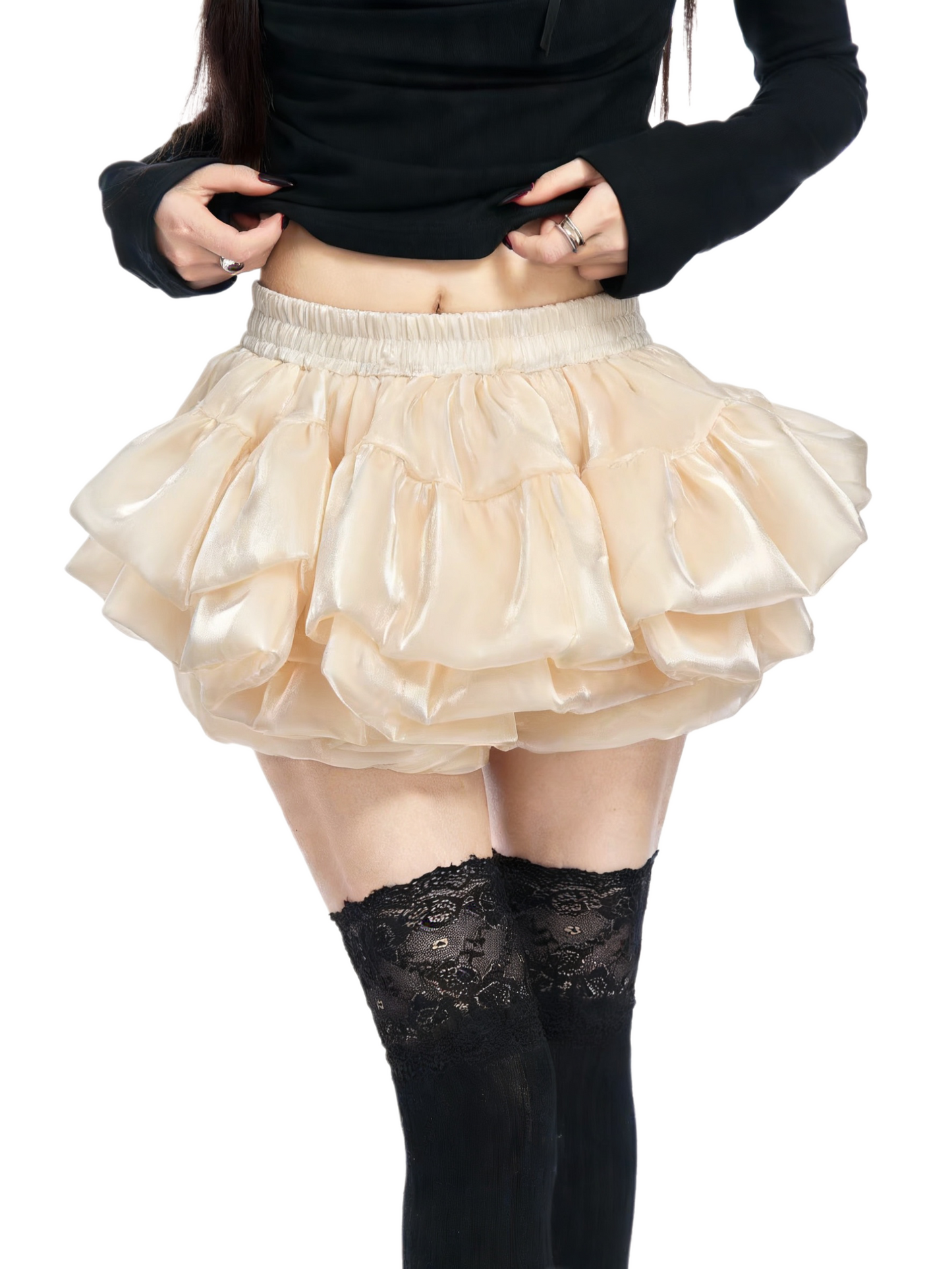 Cream tiered ruffle skirt with gathered elastic waistband and layered fabric