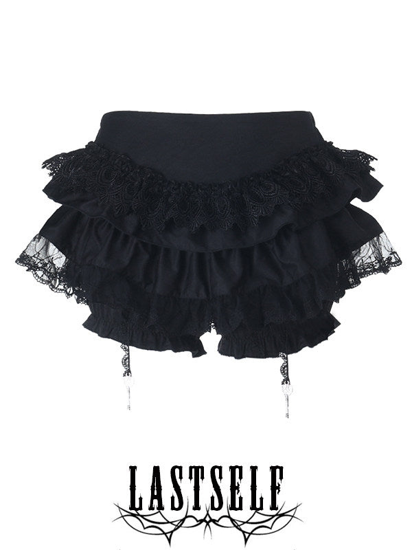 Black ruffled doll skirt with lace trim and multiple tiered ruffles