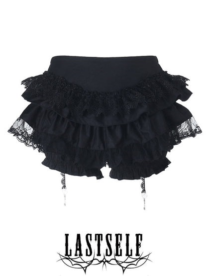 Black ruffled doll skirt with lace trim and multiple tiered ruffles