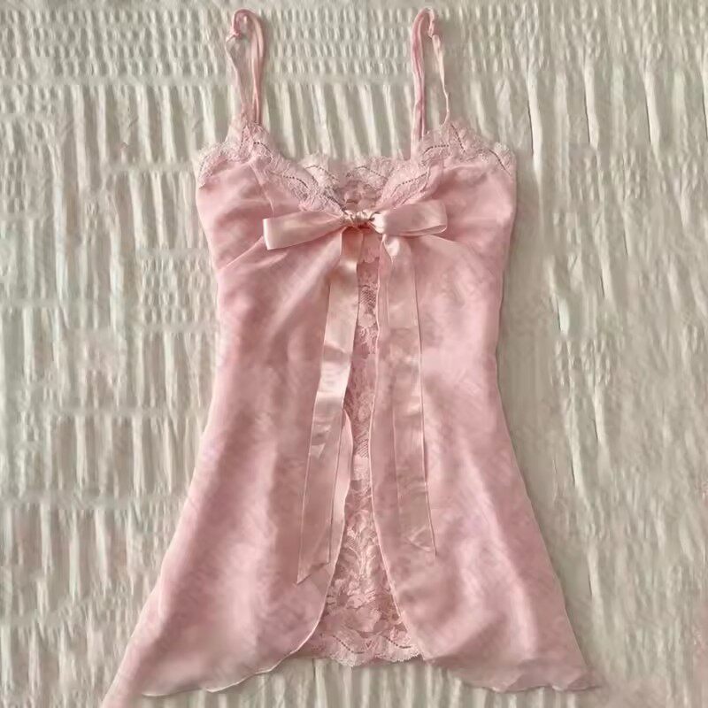 Pink satin babydoll camisole with center bow and lace trim