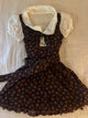Floral doll collar shirt dress, dark brown, puff sleeves, bow tie bodice, belted skirt