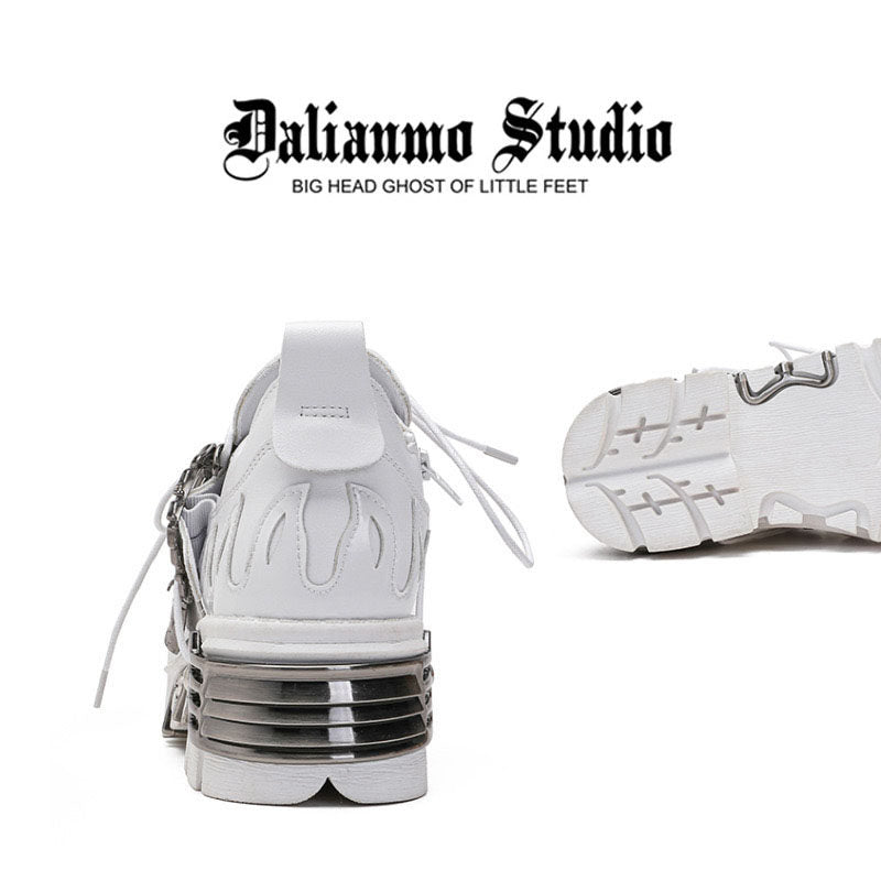 White platform shoes, back and outsole view, with stacked heel and lace ties