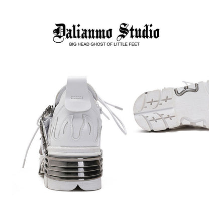 White platform shoes, back and outsole view, with stacked heel and lace ties