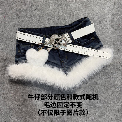 Dark blue denim shorts with white faux-fur trim and studded belt with cat plush