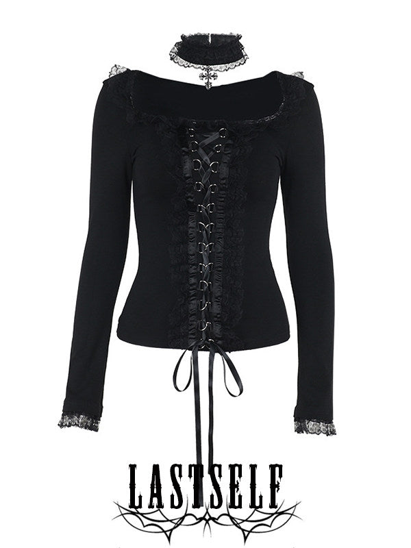 Black long-sleeve gothic top with square neckline, lace trim, and front corset lacing
