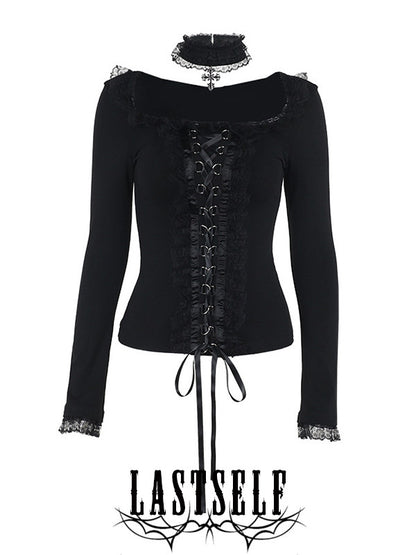 Black long-sleeve gothic top with square neckline, lace trim, and front corset lacing