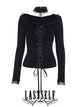 Black long-sleeve gothic top with square neckline, lace trim, and front corset lacing