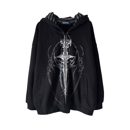 Black gothic print hooded loose jacket with cross graphic and hooded neckline