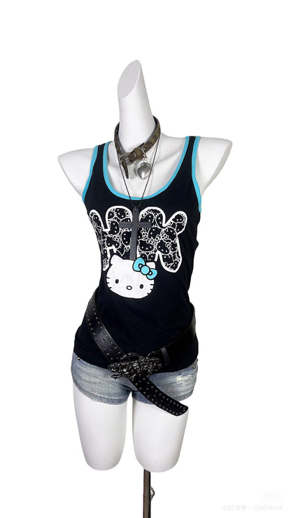 Hello Kitty print camisole tank top, black with turquoise trim and bow graphic