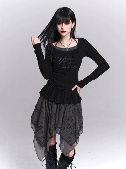 Black long-sleeve tunic with ruffled neckline, tiered skirt overlay, asym hem